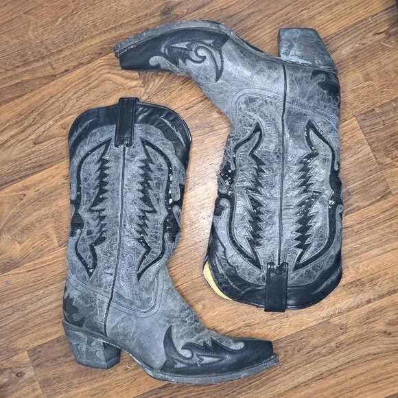 Corral Distressed Black Embellished Cowboy Boots Size 8.5 - Picture 3 of 7